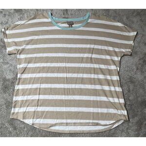 Chicos Striped Short Sleeve Top Sz 3 Beige White Aqua Cap sleeve Nautical‎ US XL